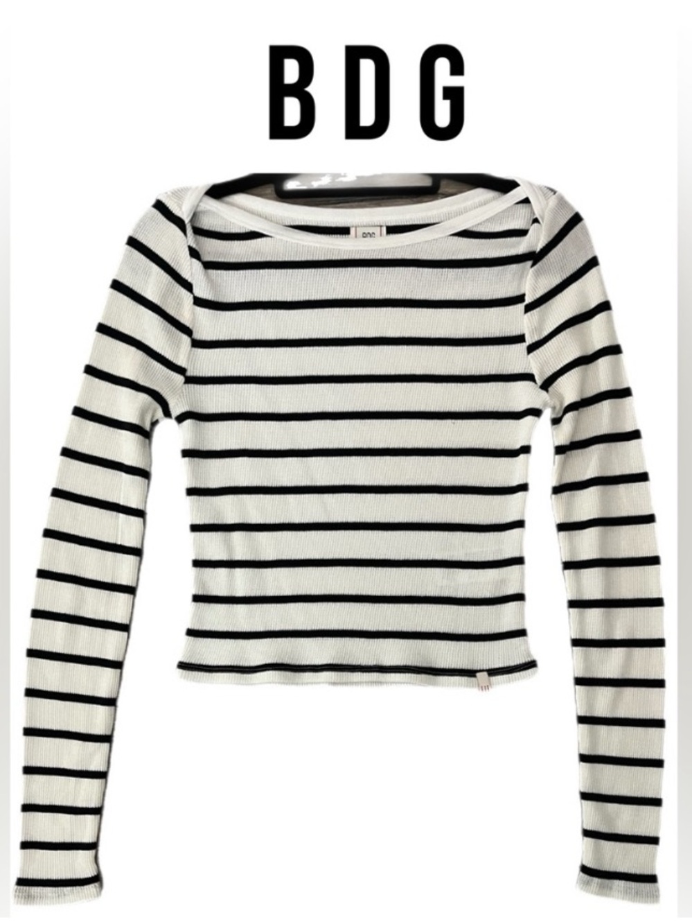 BDG Black & White Waffle-Striped Long Sleeve Top